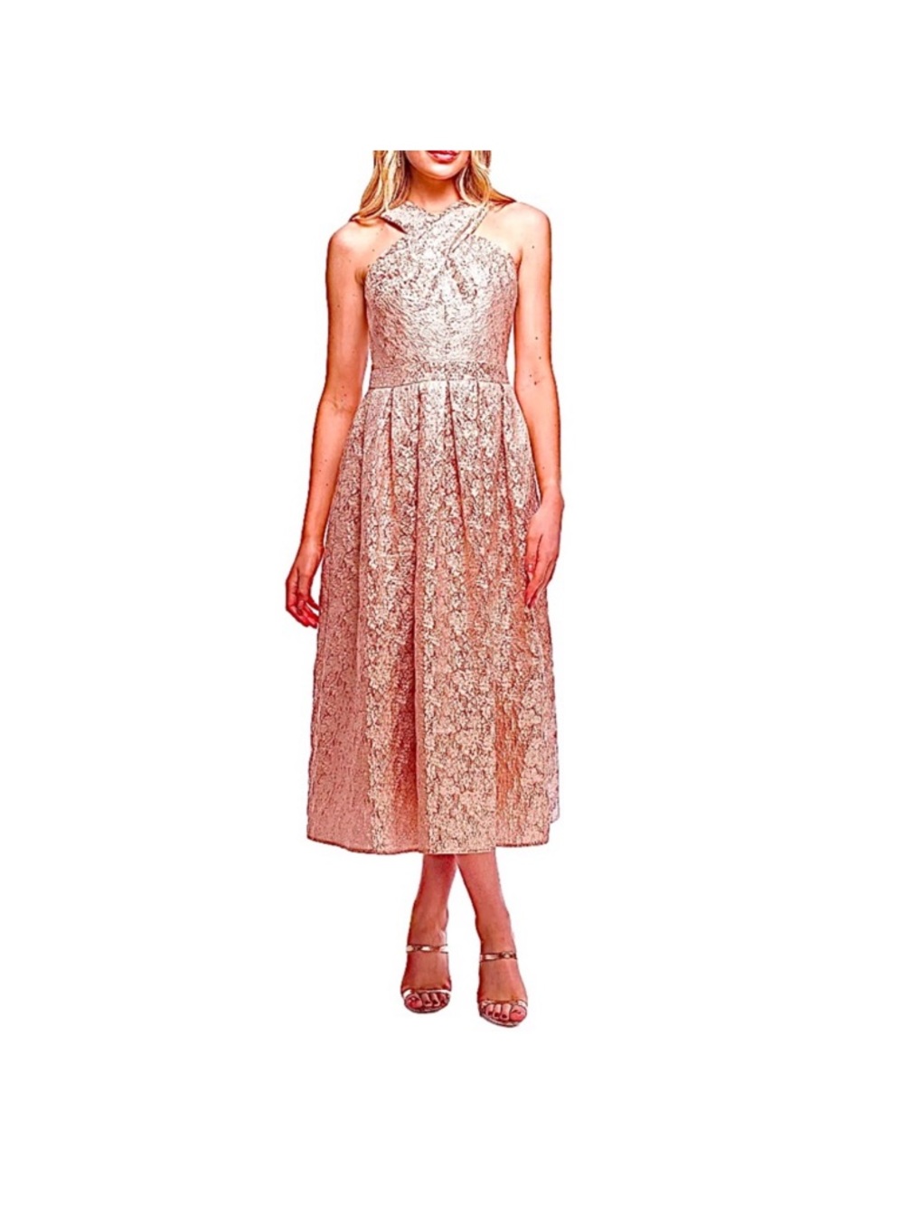 NEW Shoshanna Midnight Ivanna rose gold metallic jacquard midi dress - Picture 3 of 9